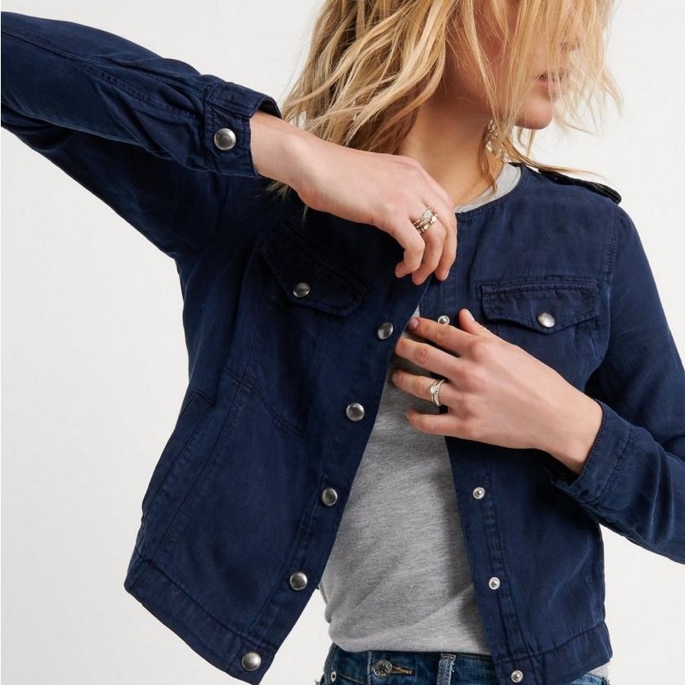Lucky Brand Collarless Utility Jacket Navy Blue XS